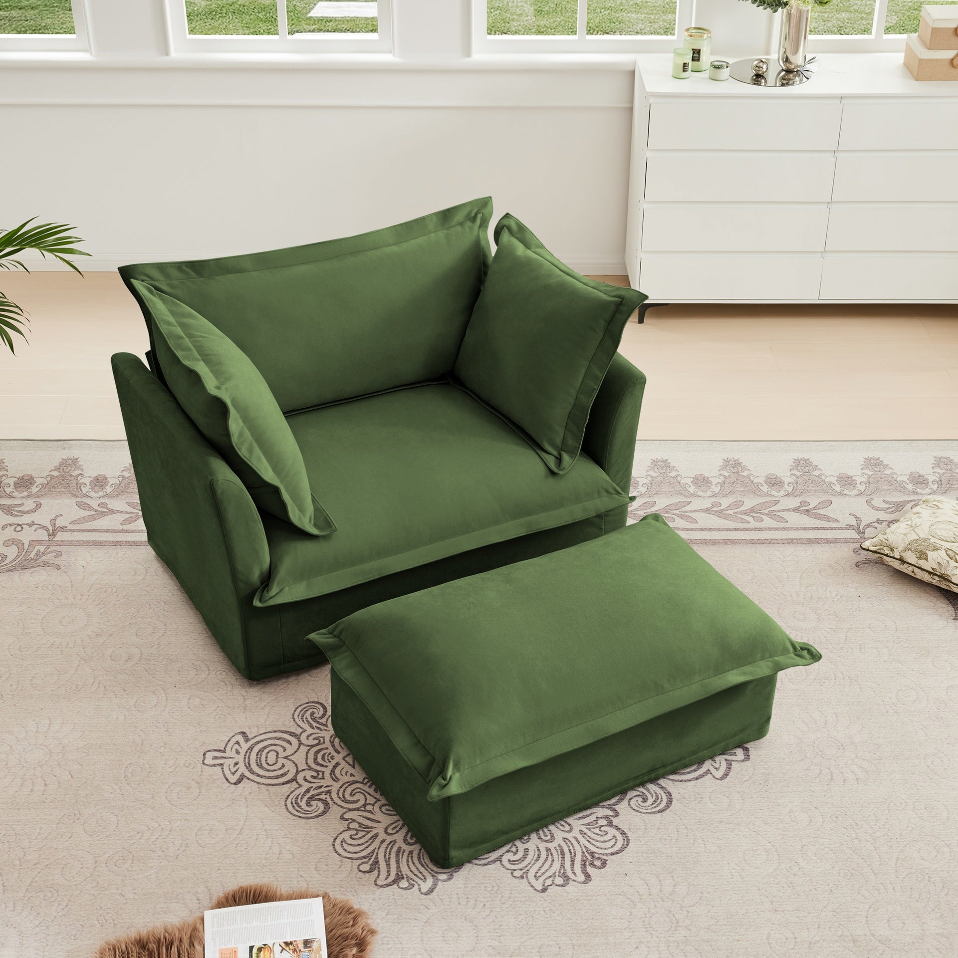 Upholstered Slipcovered Armchair with Ottoman,  Deep Seat Armchair W/ Wide Ottoman for Living Room, Armchair Sets with Large Soft Pillows(Set of 2),Chenille Fabric,Green