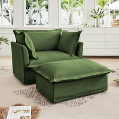 Upholstered Slipcovered Armchair with Ottoman,  Deep Seat Armchair W/ Wide Ottoman for Living Room, Armchair Sets with Large Soft Pillows(Set of 2),Chenille Fabric,Green