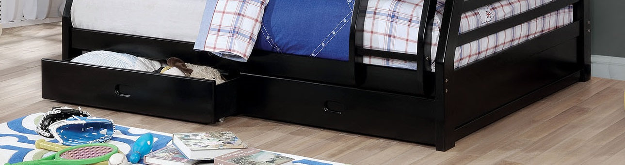 Twin Over Full Transitional Bunk Bed With Two Large Drawers Attached Ladder Made Of Solid Wood Black