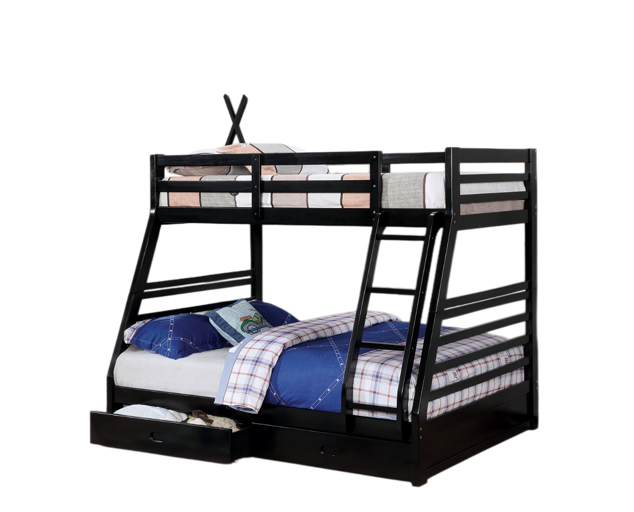 Twin Over Full Transitional Bunk Bed With Two Large Drawers Attached Ladder Made Of Solid Wood Black