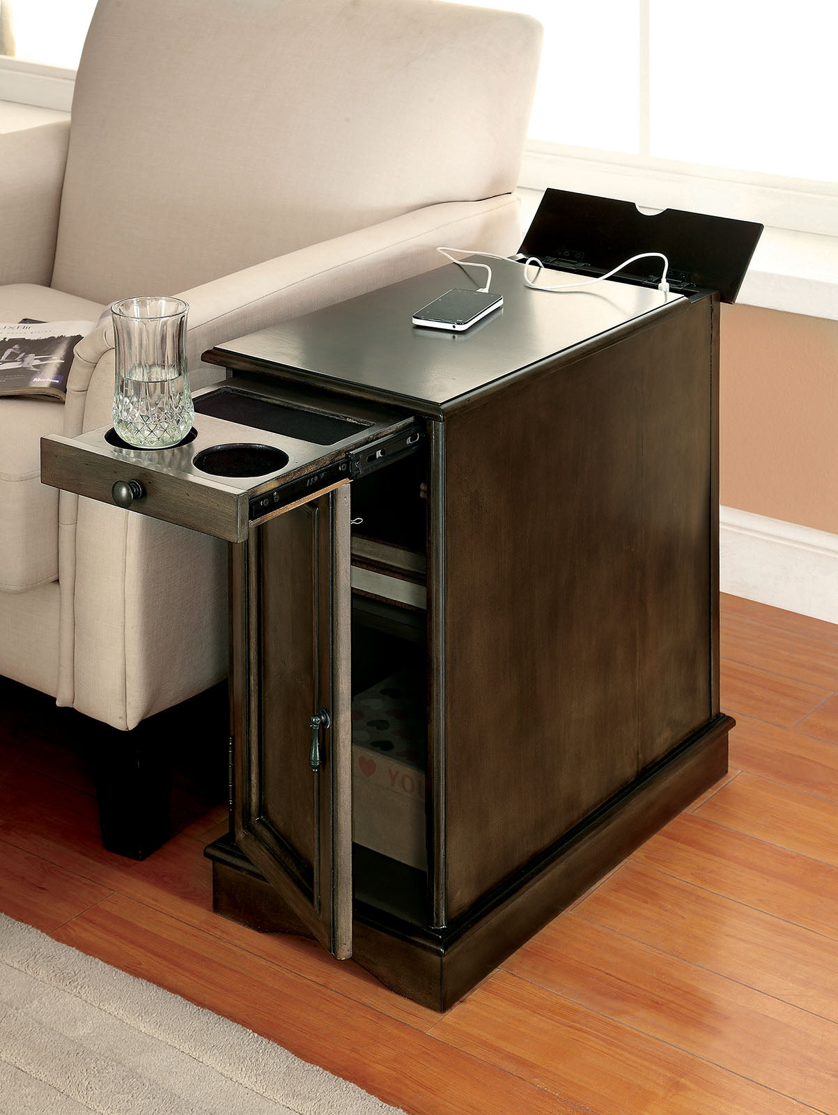 Transitional Side Table Storage Cabinet Pull Out Cup Holder And Built In USB Outlet, Gray