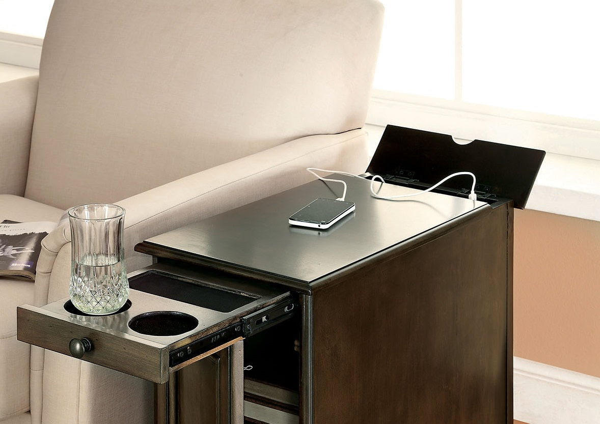 Transitional Side Table Storage Cabinet Pull Out Cup Holder And Built In USB Outlet, Gray
