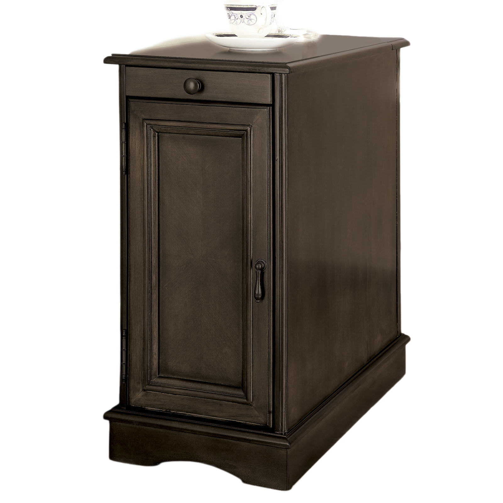 Transitional Side Table Storage Cabinet Pull Out Cup Holder And Built In USB Outlet, Gray