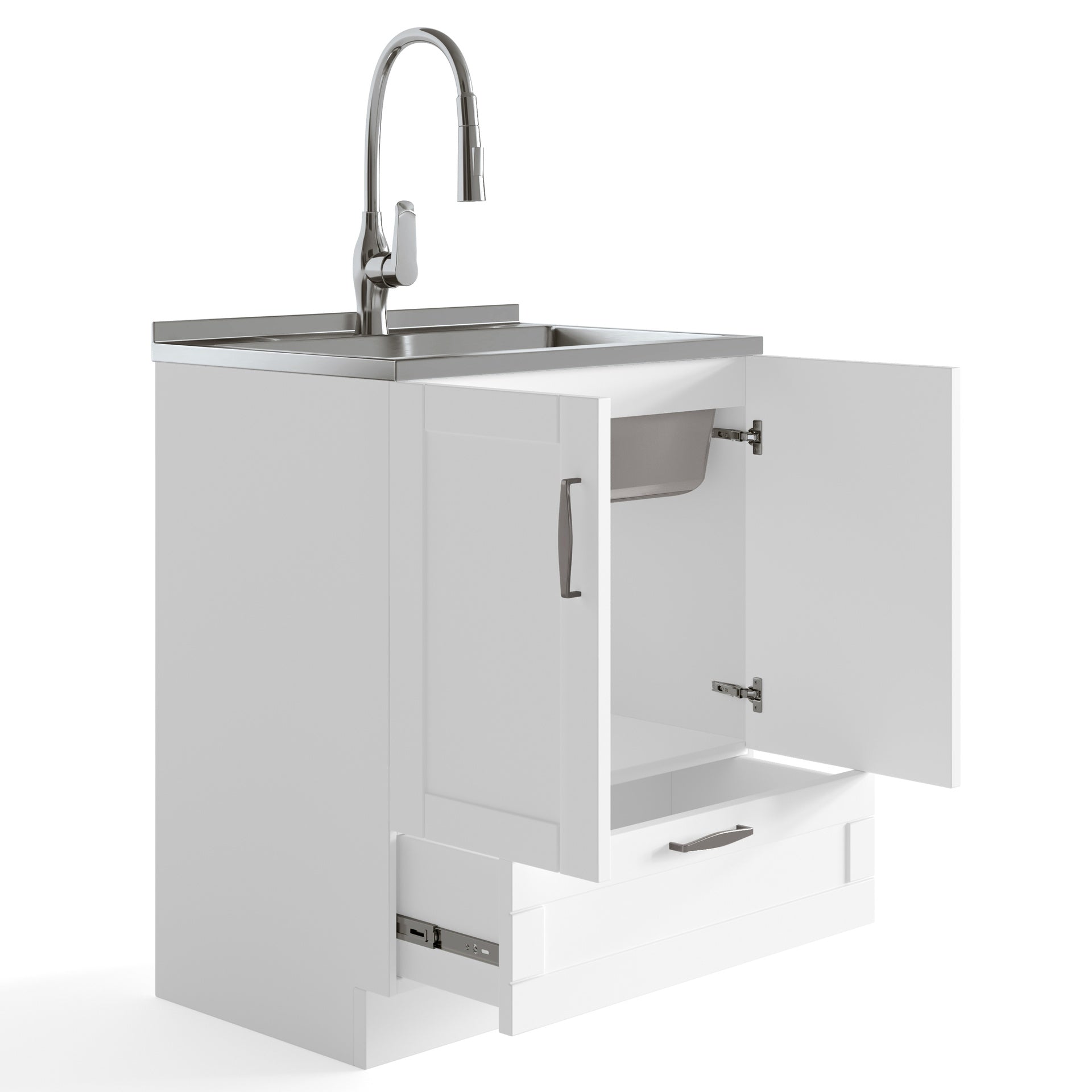 Reed - Deluxe 28" Laundry Cabinet with Pull-out Faucet and Stainless Steel Sink - Pure White