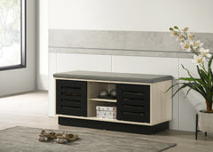 Brio 38.5"W Oak Finish Shoe Cabinet with Sliding Doors, Upholstered Top