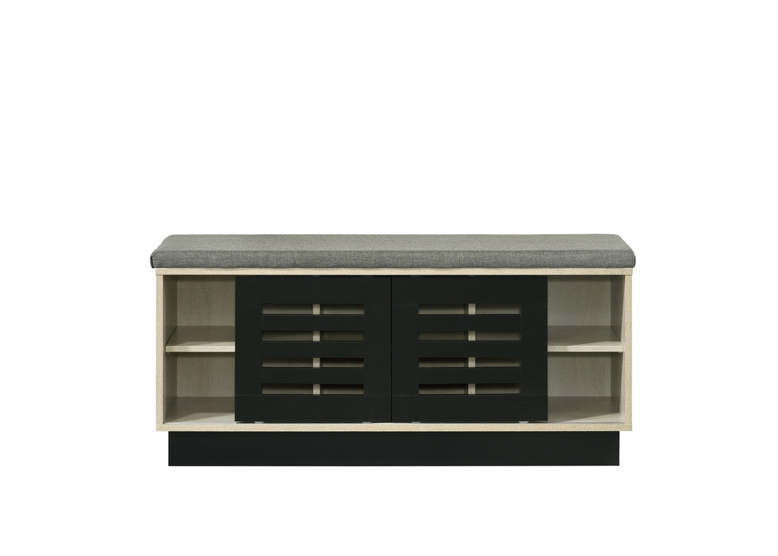 Brio 38.5"W Oak Finish Shoe Cabinet with Sliding Doors, Upholstered Top
