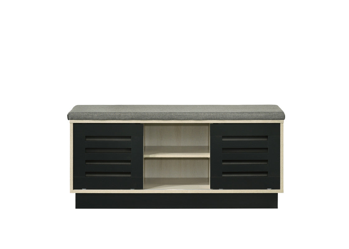Brio 38.5"W Oak Finish Shoe Cabinet with Sliding Doors, Upholstered Top
