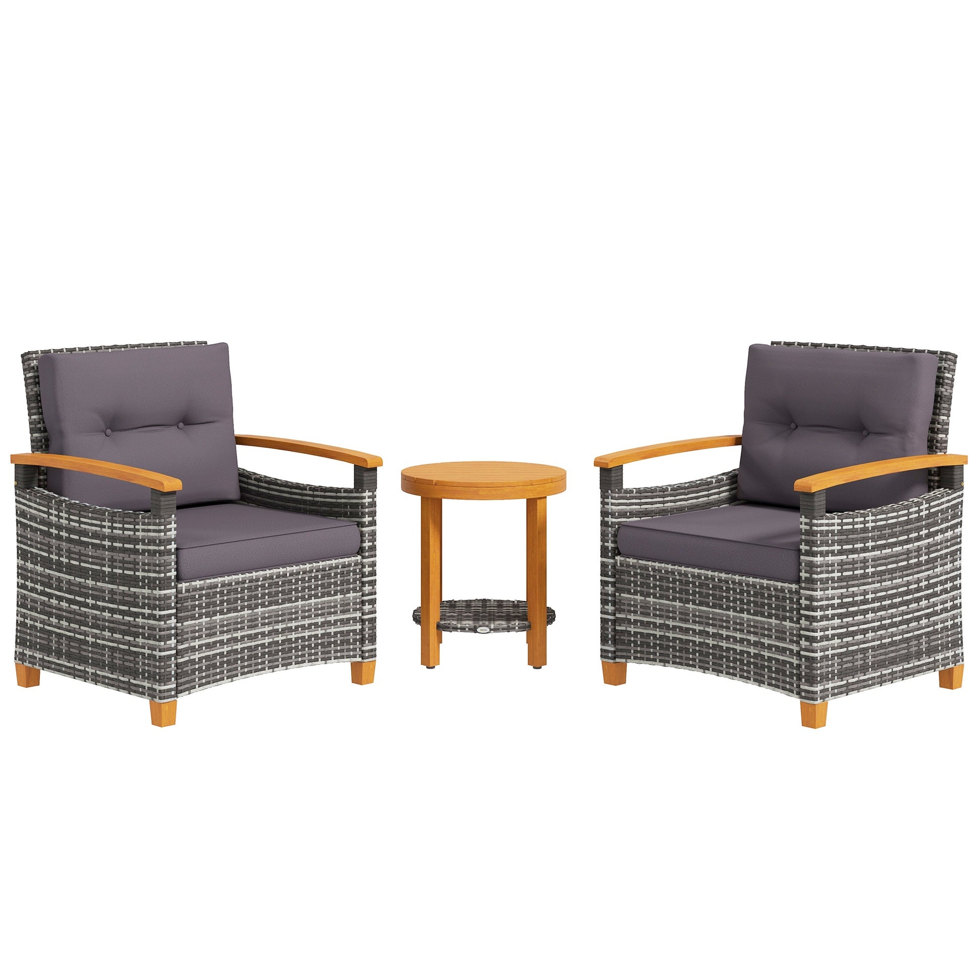Outsunny 3 Pieces Patio Bistro Set Wooden with Cushions, PE Wicker Patio Furniture Outdoor for Porch, Backyard, Garden, Gray