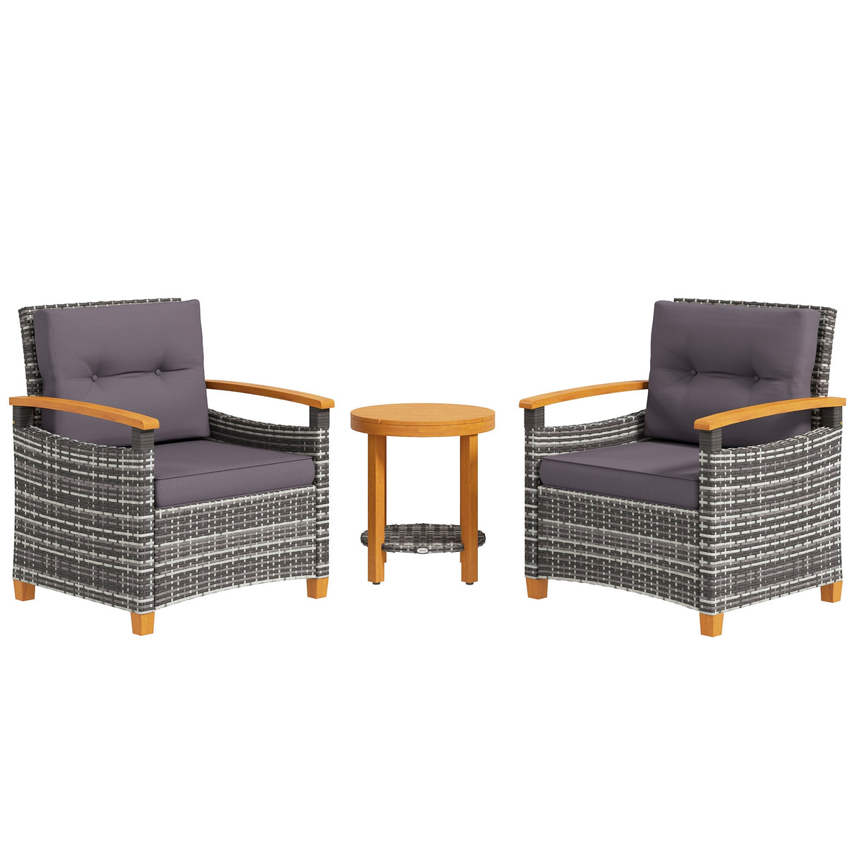 Outsunny 3 Pieces Patio Bistro Set Wooden with Cushions, PE Wicker Patio Furniture Outdoor for Porch, Backyard, Garden, Gray