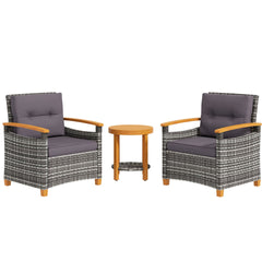 Outsunny 3 Pieces Patio Bistro Set Wooden with Cushions, PE Wicker Patio Furniture Outdoor for Porch, Backyard, Garden, Gray