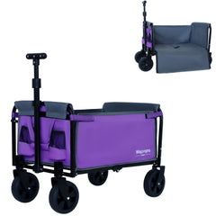 All-in-One Convertible Folding Camping Wagon Cart: Bench Seat, Storage Compartment & Included Dog Tether, Purple/Gray