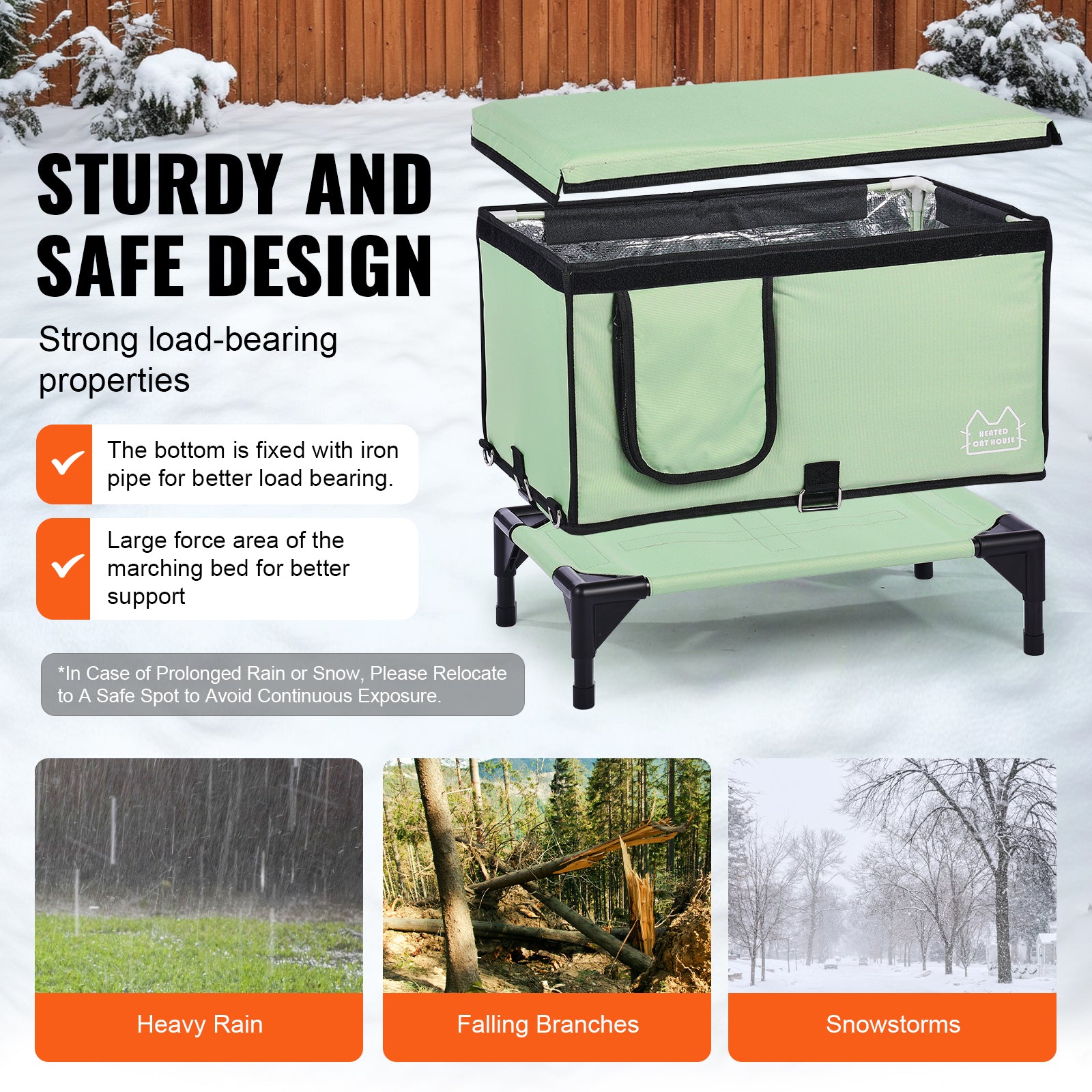 Elevated Heated Cat House Cuboid Kitty Shelter with Heated Pad Green (M)
