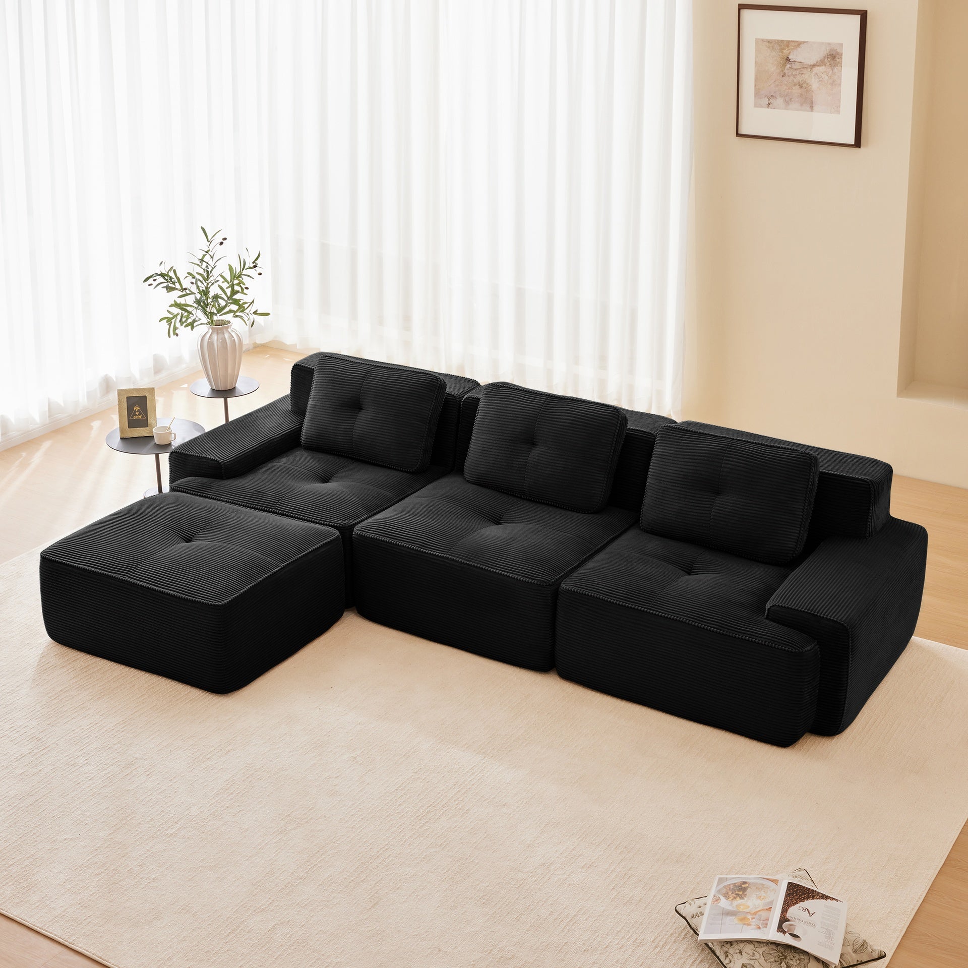 117" Modern L-Shaped Modular Sectional Sofa for Living Room, Corduroy Fabric,3-Seater Couch with Deep Seat and Movable Ottoman,Pearl-like piping, Tufted Design,No Assembly, Anti-slip Design, Black