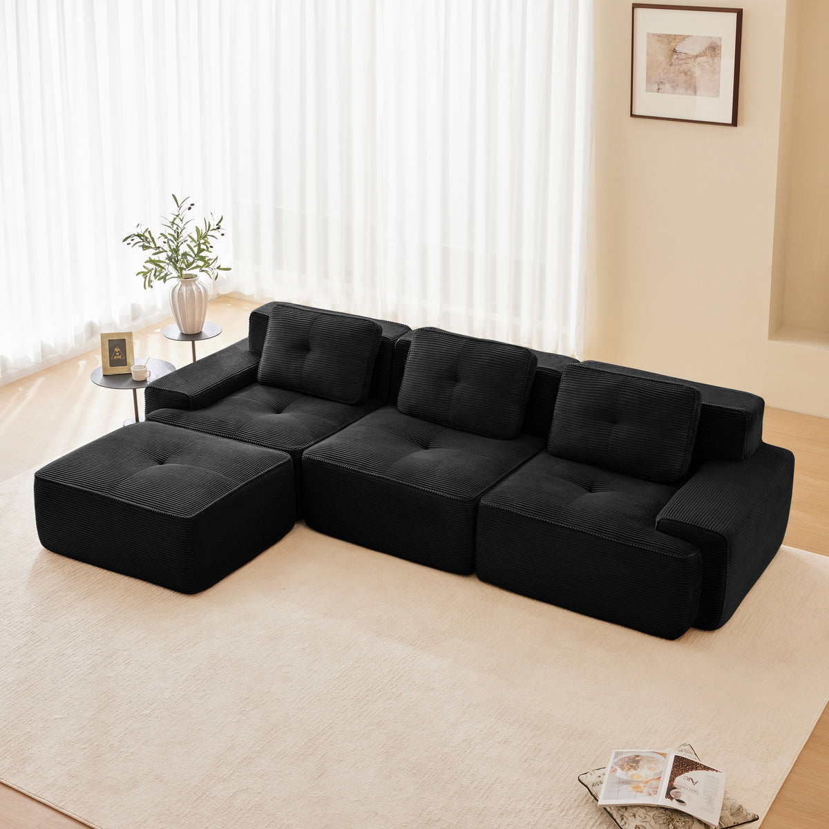 117" Modern L-Shaped Modular Sectional Sofa for Living Room, Corduroy Fabric,3-Seater Couch with Deep Seat and Movable Ottoman,Pearl-like piping, Tufted Design,No Assembly, Anti-slip Design, Black