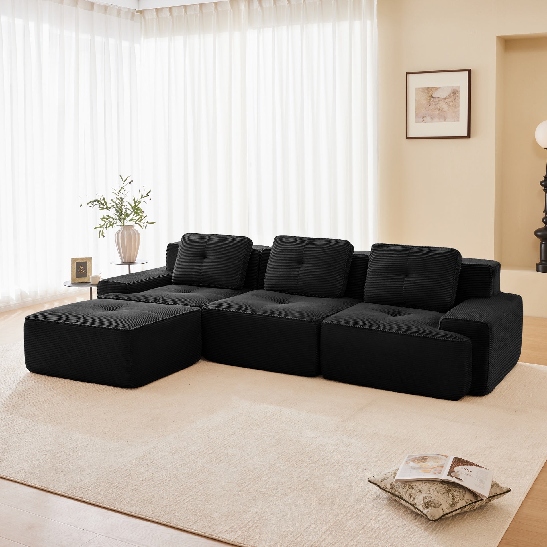 117" Modern L-Shaped Modular Sectional Sofa for Living Room, Corduroy Fabric,3-Seater Couch with Deep Seat and Movable Ottoman,Pearl-like piping, Tufted Design,No Assembly, Anti-slip Design, Black