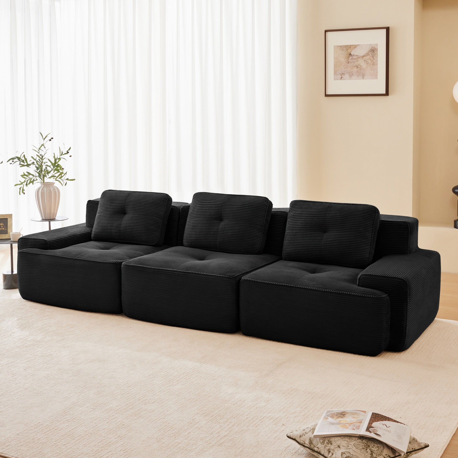 117" Modern Modular Sectional Sofa for Living Room, Corduroy Fabric,Oversized 3-Seater Couch with Deep Seat, Pearl-like piping, Tufted Design,Buckle connection,No Assembly,Anti-slip Design,Black
