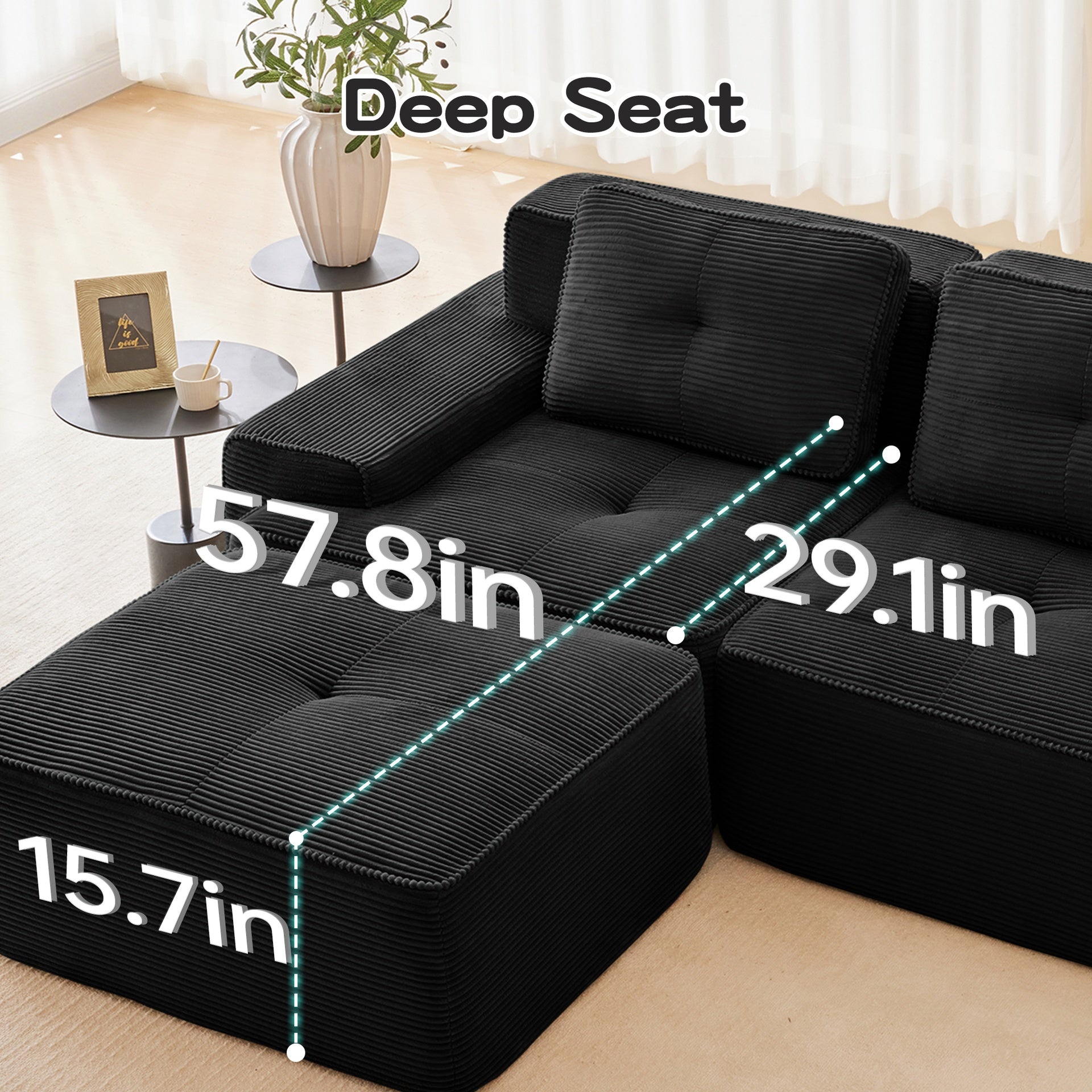 117" Modern Modular Sectional Sofa for Living Room, Corduroy Fabric,Oversized 3-Seater Couch with Deep Seat, Pearl-like piping, Tufted Design,Buckle connection,No Assembly,Anti-slip Design,Black