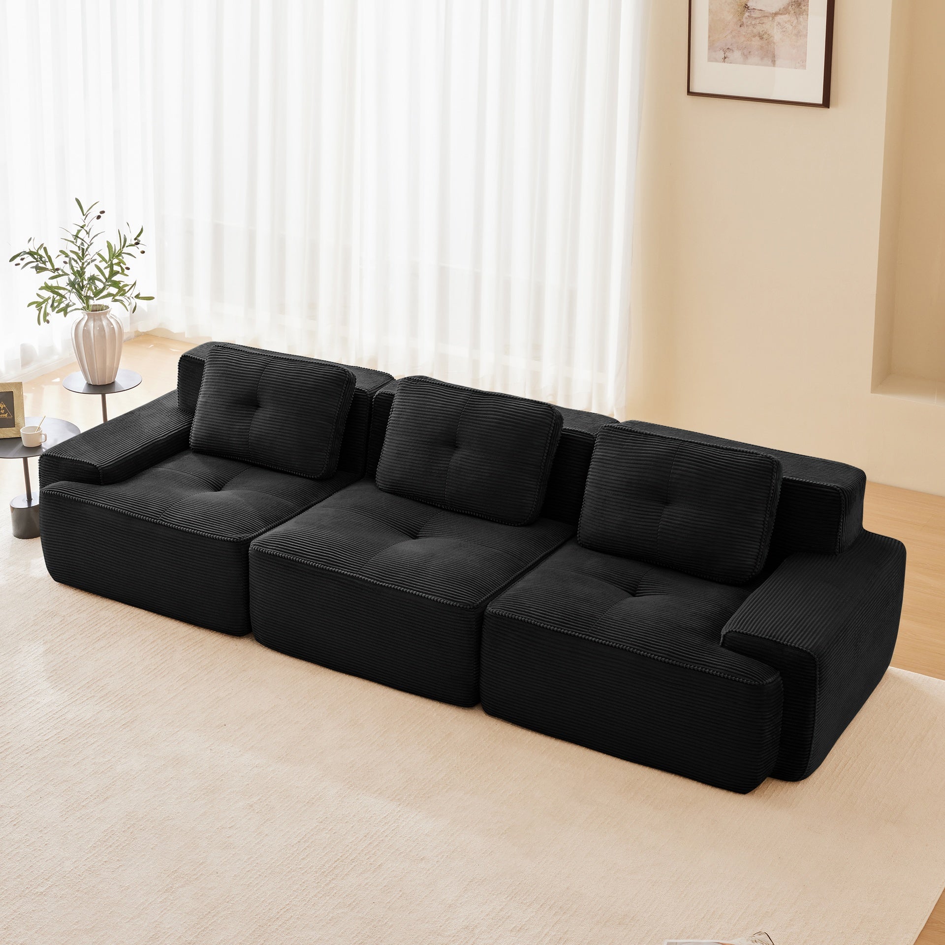 117" Modern Modular Sectional Sofa for Living Room, Corduroy Fabric,Oversized 3-Seater Couch with Deep Seat, Pearl-like piping, Tufted Design,Buckle connection,No Assembly,Anti-slip Design,Black