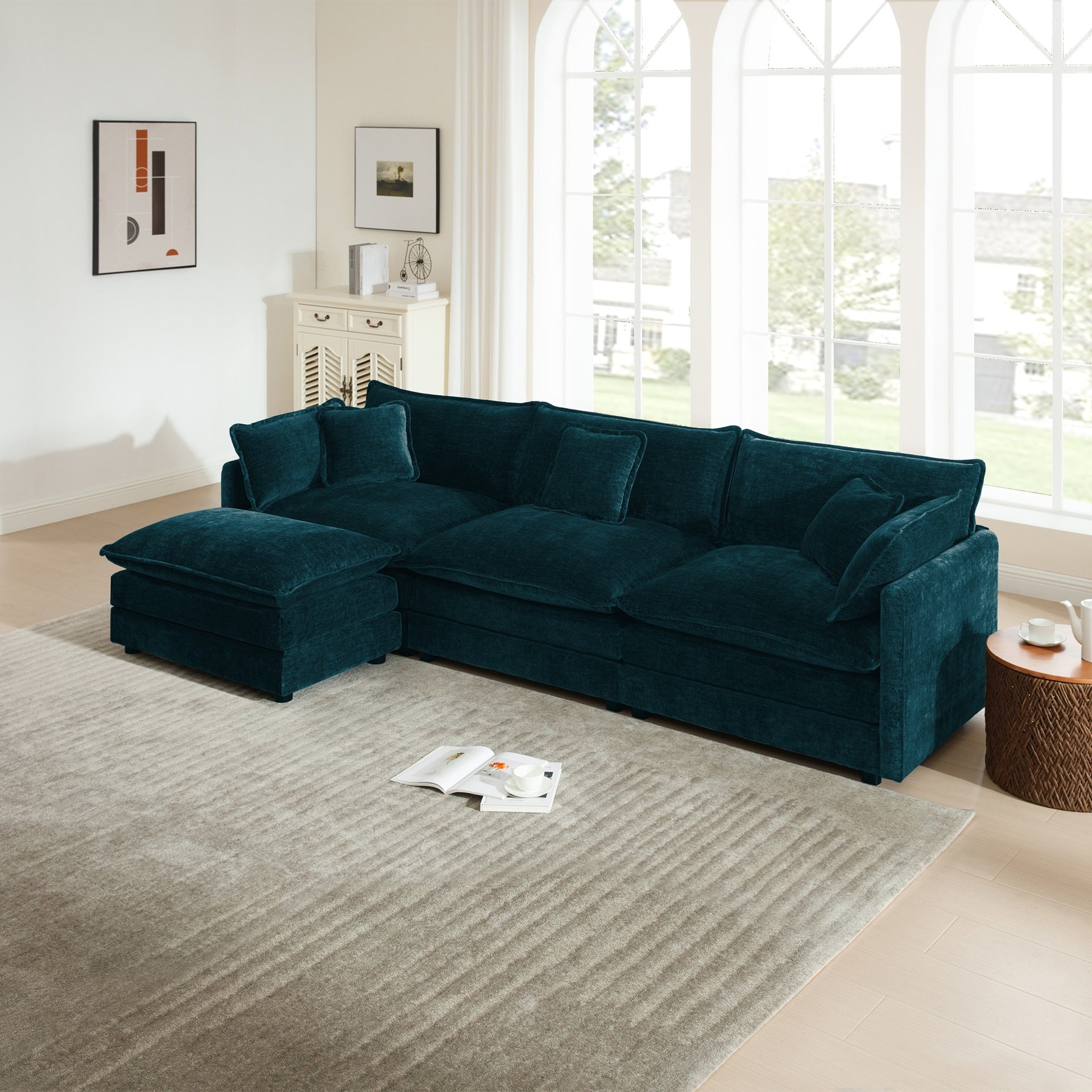 Free Combination Comfy Upholstery Modular Oversized L Shaped Sectional Sofa With Reversible Ottoman, Blue Chenille