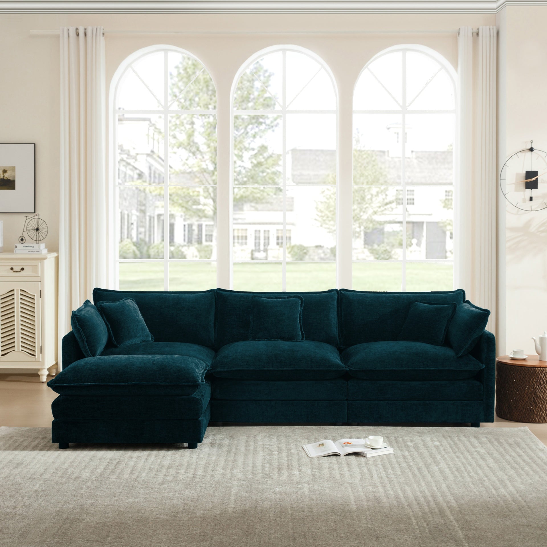 Free Combination Comfy Upholstery Modular Oversized L Shaped Sectional Sofa With Reversible Ottoman, Blue Chenille