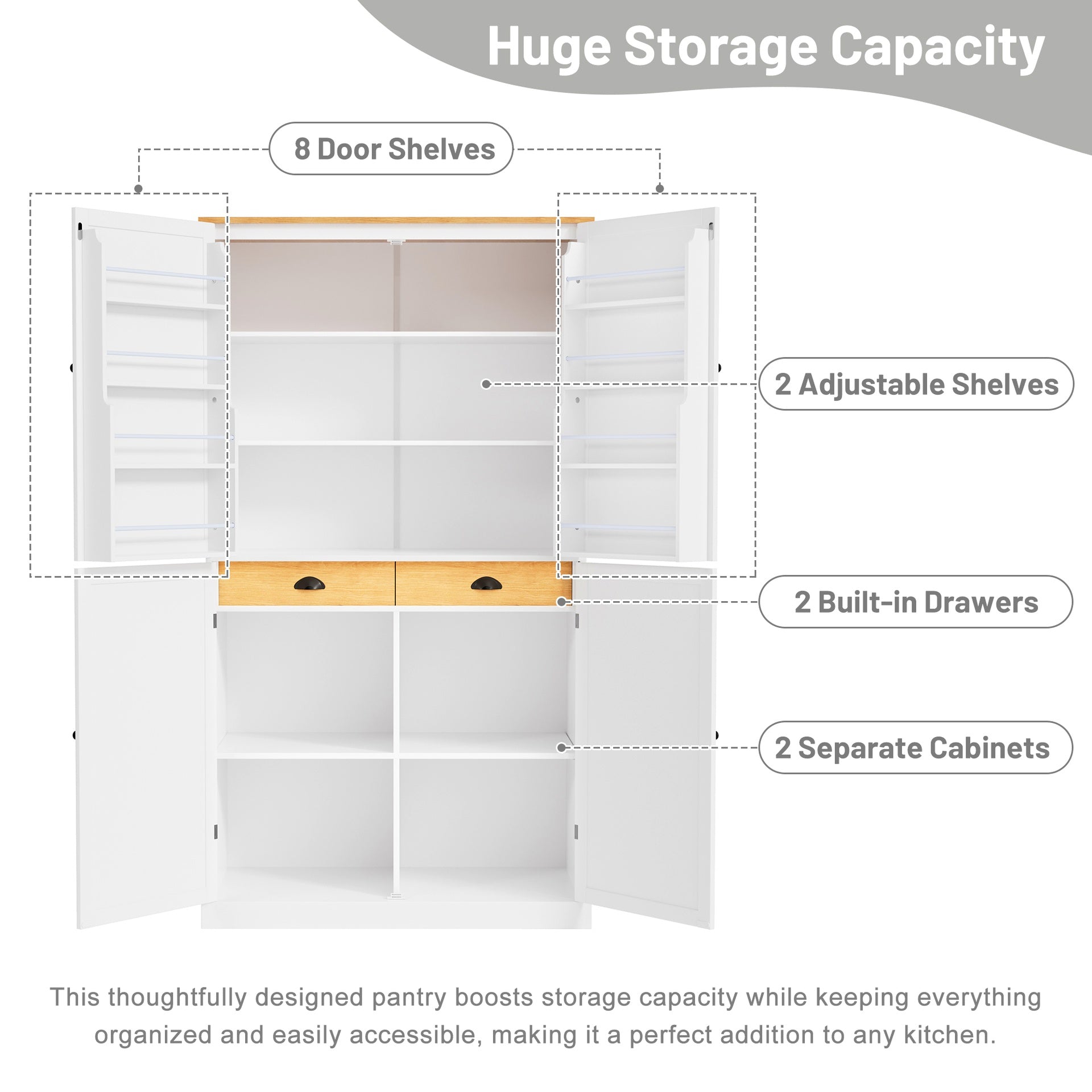 [Assembly Video Provided]TOPMAX 40.2x20x71.3inch High Freestanding Kitchen Pantry Large Cupboard Storage Cabinet with 2 Drawers, 2 Adjustable Shelves, 8 Door Shelves for Kitchen, Dining Room,White