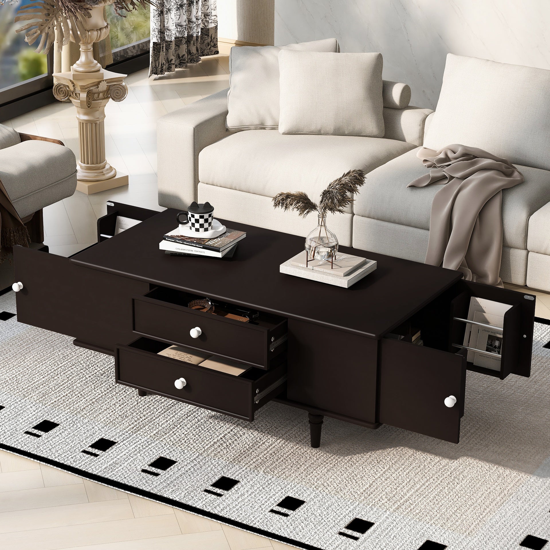 U-Can Modern Rectangle Coffee Table with Four Drawers, Two Side Hidden Storage Compartments, 47.2" Wood Coffee Table with Metal Handles and Four Solid Wood Legs for Living Room