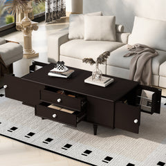 U-Can Modern Rectangle Coffee Table with Four Drawers, Two Side Hidden Storage Compartments, 47.2" Wood Coffee Table with Metal Handles and Four Solid Wood Legs for Living Room