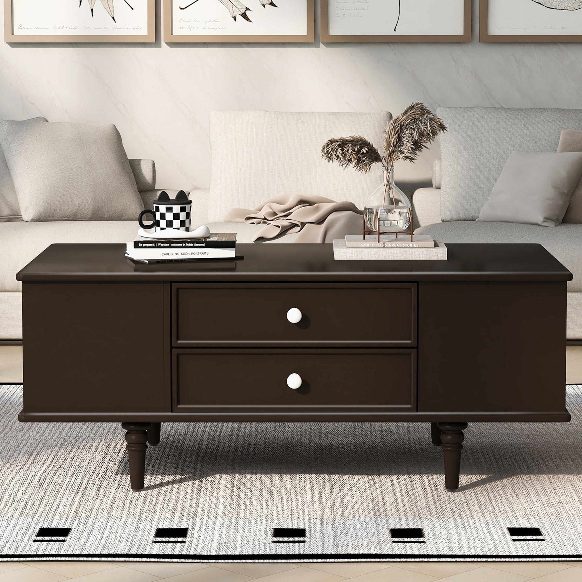 U-Can Modern Rectangle Coffee Table with Four Drawers, Two Side Hidden Storage Compartments, 47.2" Wood Coffee Table with Metal Handles and Four Solid Wood Legs for Living Room
