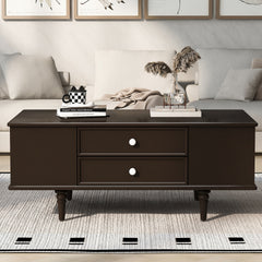 U-Can Modern Rectangle Coffee Table with Four Drawers, Two Side Hidden Storage Compartments, 47.2" Wood Coffee Table with Metal Handles and Four Solid Wood Legs for Living Room