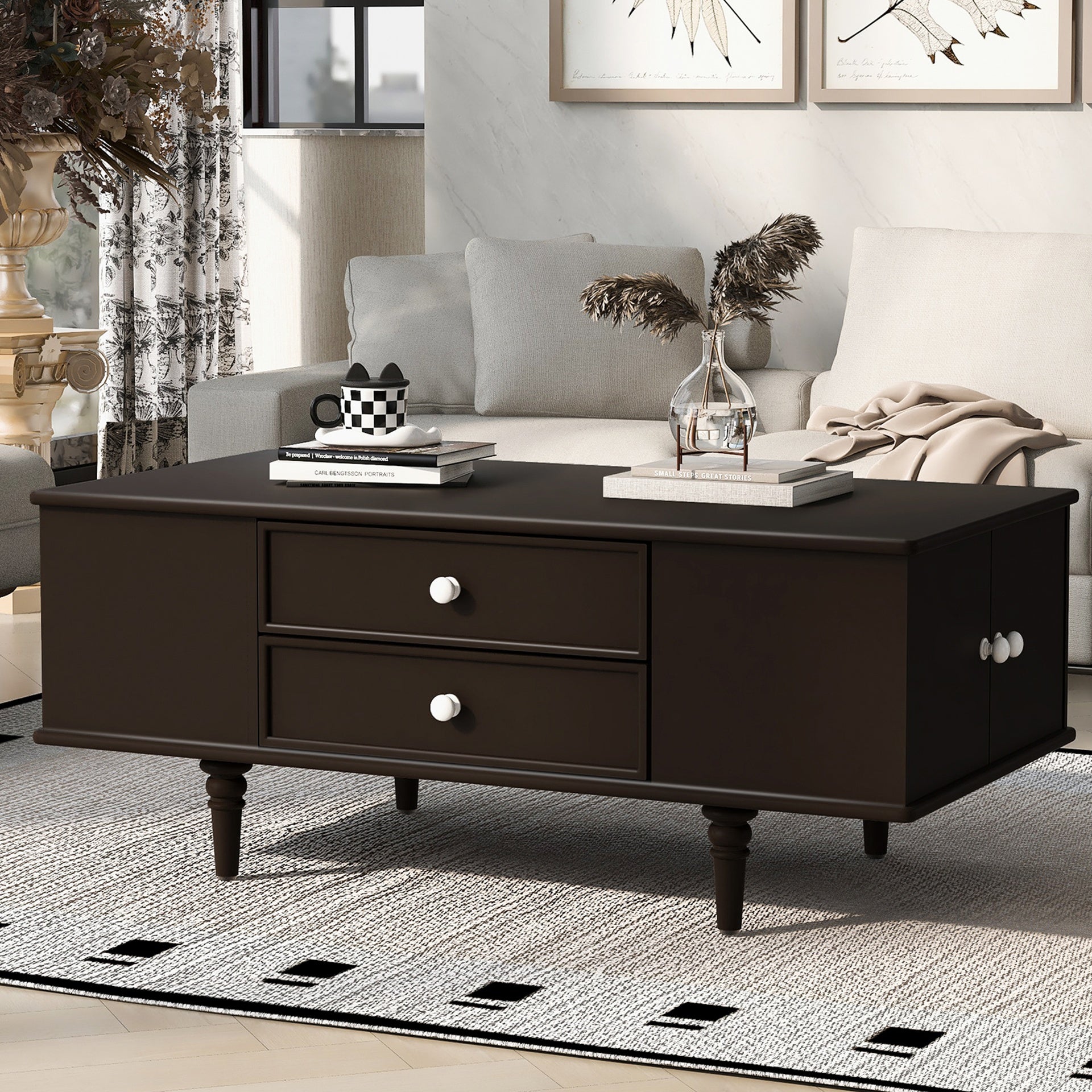 U-Can Modern Rectangle Coffee Table with Four Drawers, Two Side Hidden Storage Compartments, 47.2" Wood Coffee Table with Metal Handles and Four Solid Wood Legs for Living Room