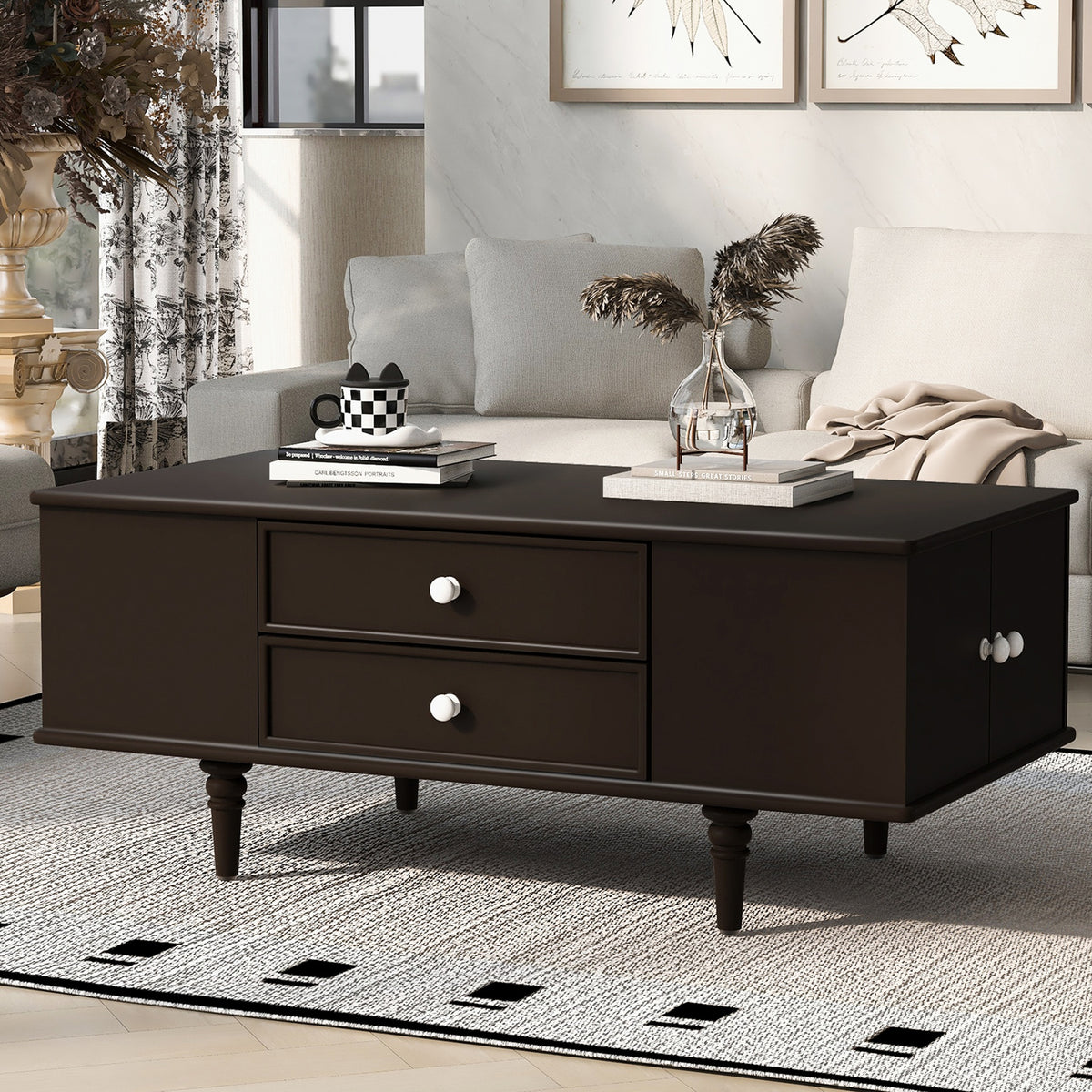 U-Can Modern Rectangle Coffee Table with Four Drawers, Two Side Hidden Storage Compartments, 47.2" Wood Coffee Table with Metal Handles and Four Solid Wood Legs for Living Room