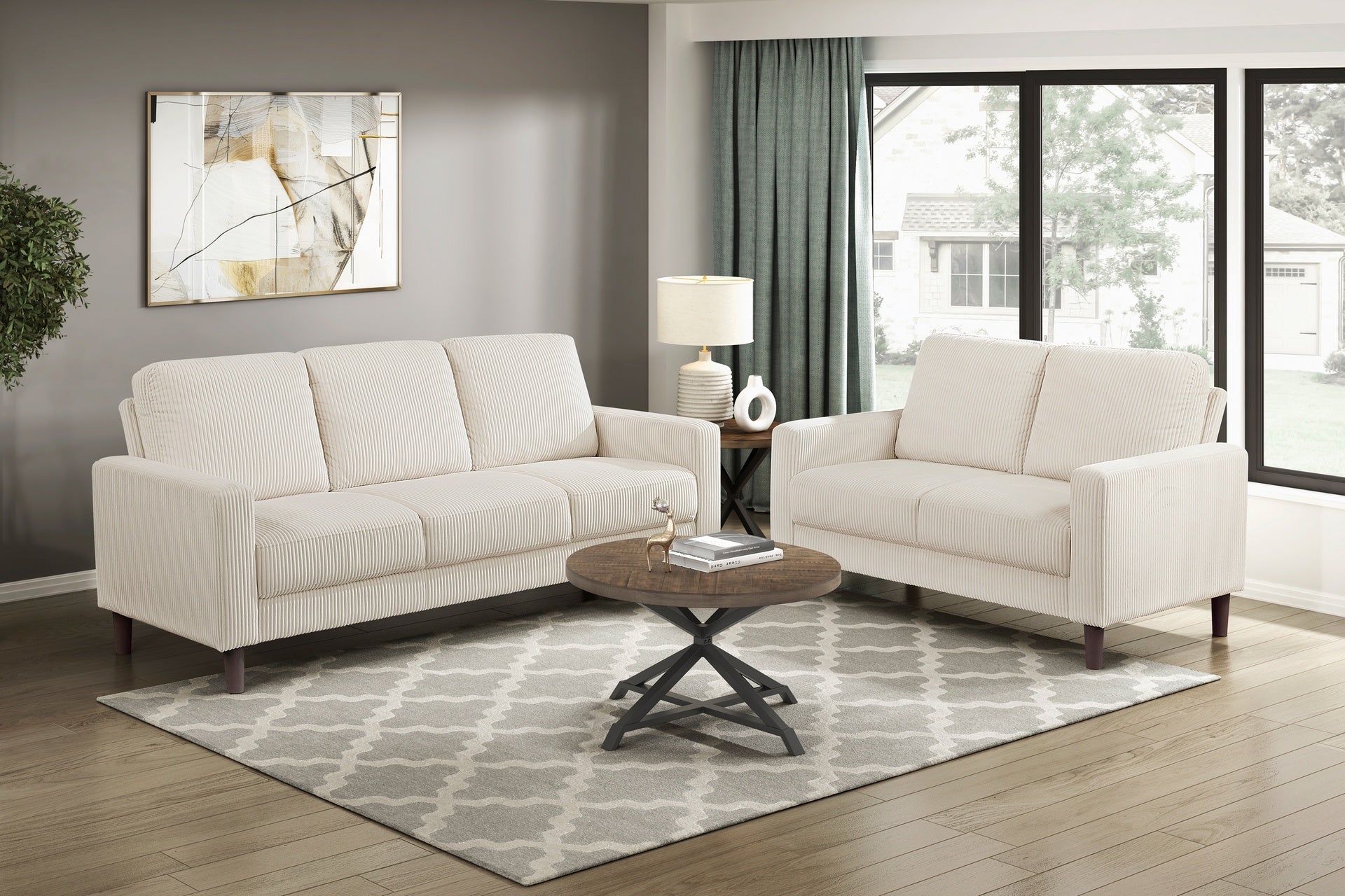 Modern Contemporary Sofa Set 2pcs Comfortable Sofa Loveseat Beige Corduroy Upholstered Cushion Solid Wood Living Room Furniture