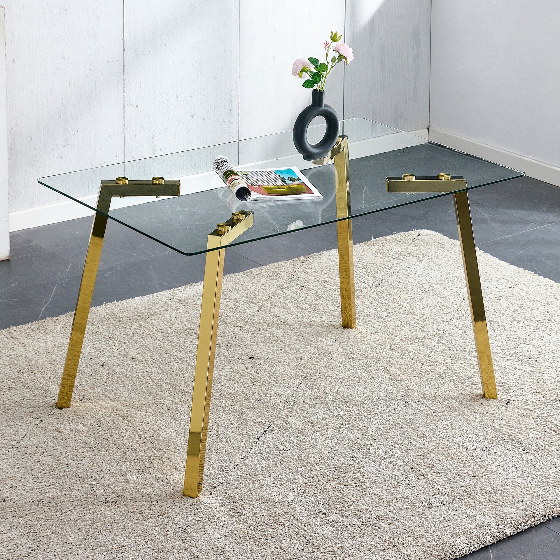 Modern minimalist style rectangular glass dining table with tempered glass tabletop and golden metal legs, suitable for kitchen, dining room, and living room, 51 " * 31.5 " * 29.5 "   1123