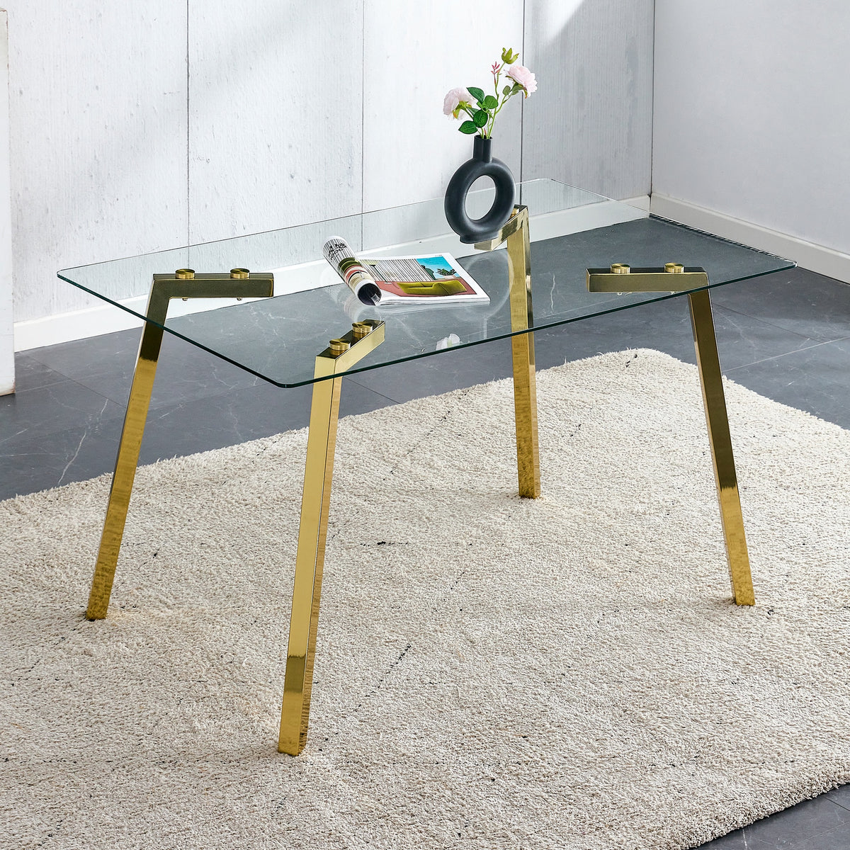 Modern minimalist style rectangular glass dining table with tempered glass tabletop and golden metal legs, suitable for kitchen, dining room, and living room, 51 " * 31.5 " * 29.5 "   1123