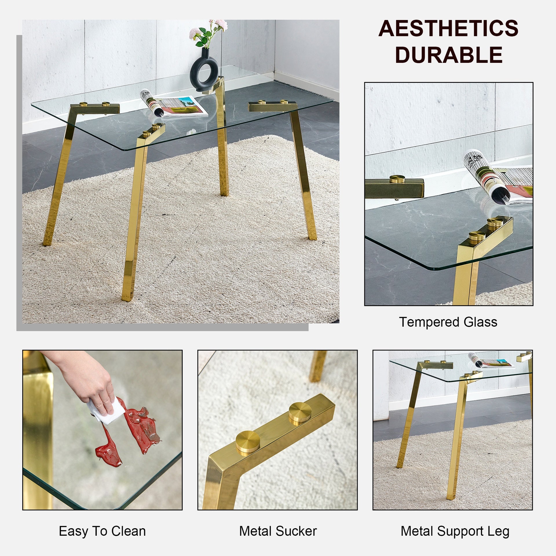Modern minimalist style rectangular glass dining table with tempered glass tabletop and golden metal legs, suitable for kitchen, dining room, and living room, 51 " * 31.5 " * 29.5 "   1123