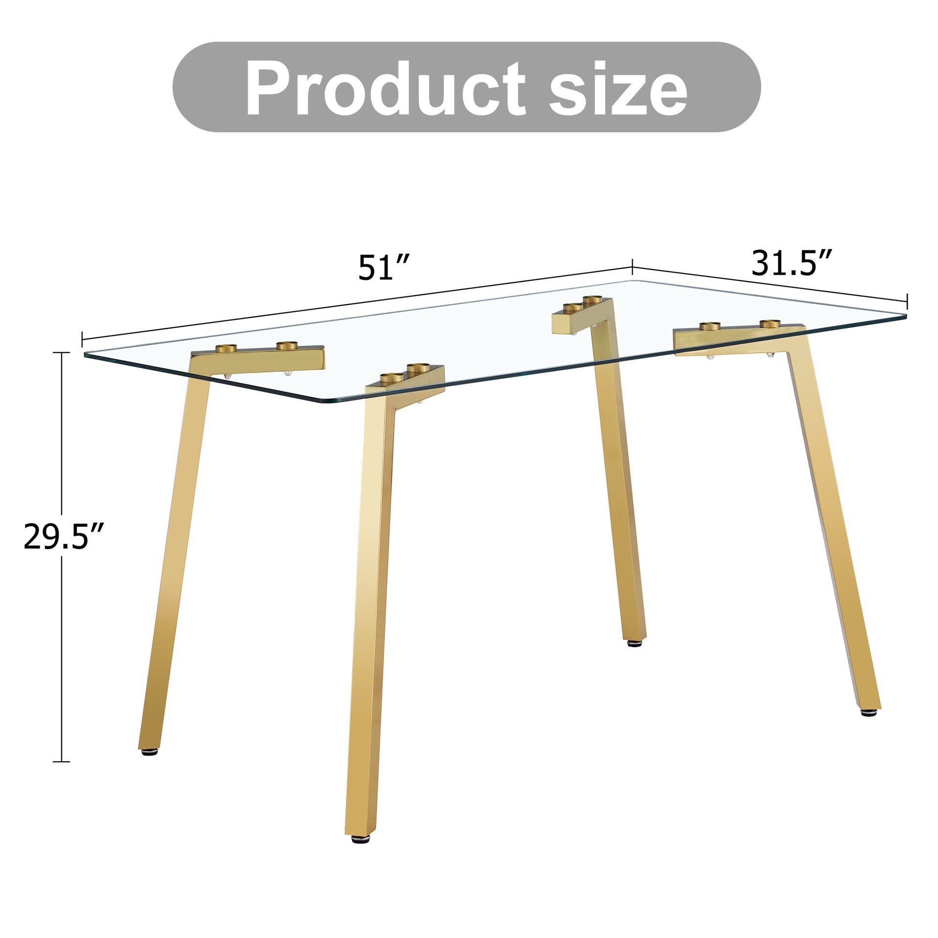 Modern minimalist style rectangular glass dining table with tempered glass tabletop and golden metal legs, suitable for kitchen, dining room, and living room, 51 " * 31.5 " * 29.5 "   1123