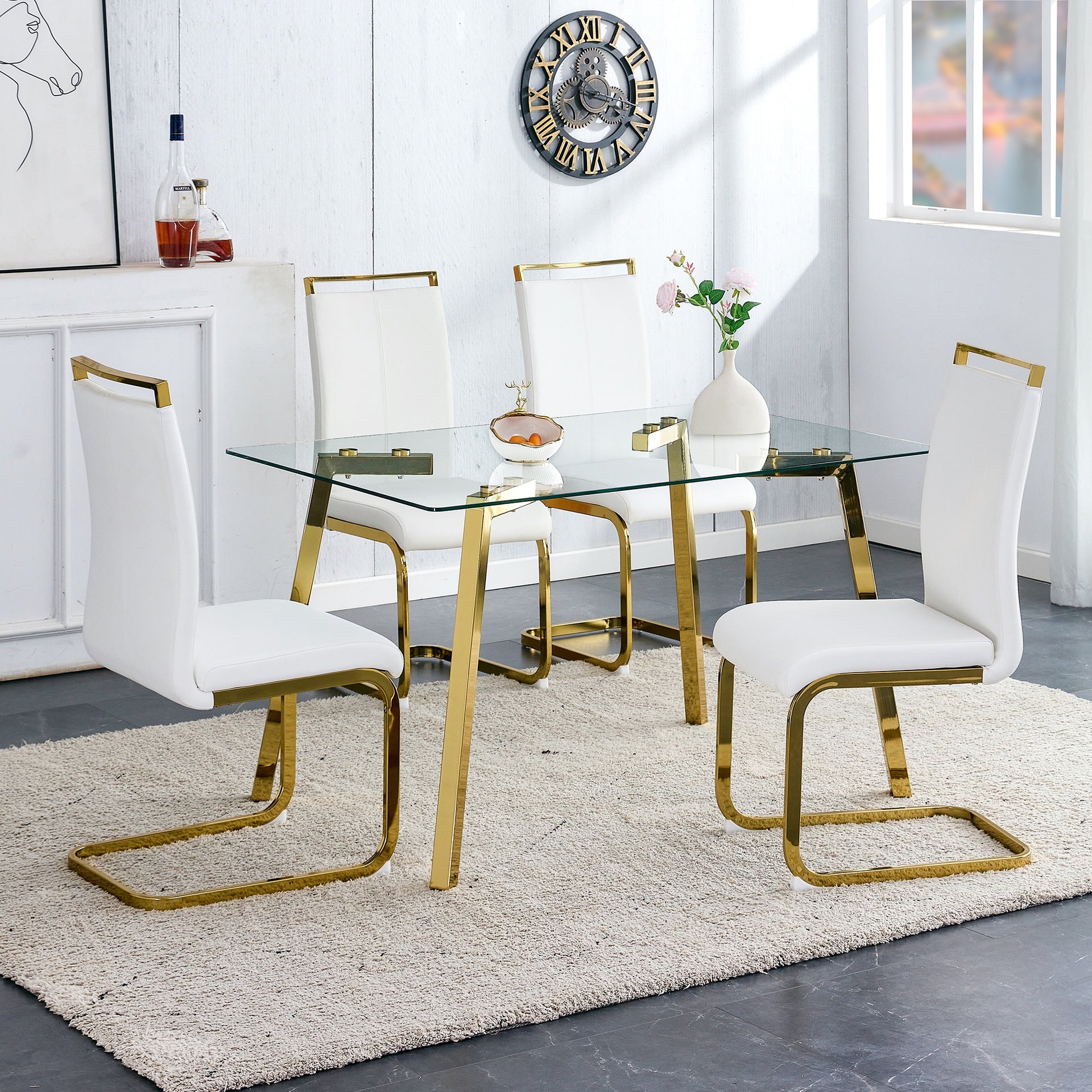 Modern minimalist style rectangular glass dining table with tempered glass tabletop and golden metal legs, suitable for kitchen, dining room, and living room, 51 " * 31.5 " * 29.5 "   1123