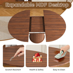 59" Extendable Oval Dining Table with 2-Tier Storage for 4-6, Space Saving Expandable Kitchen Table in Walnut Brown, MDF with Walnut Finish & Pedestal Base