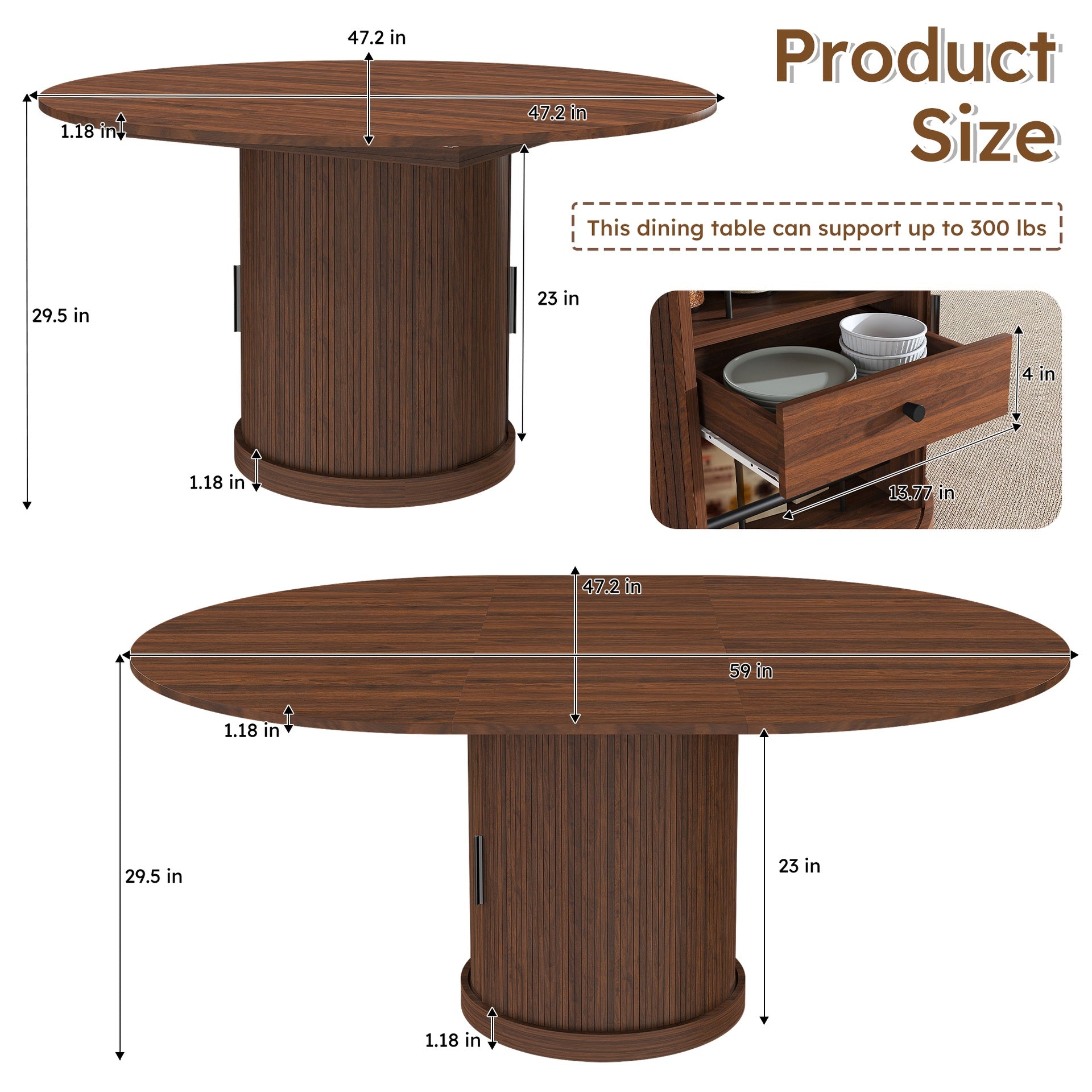 59" Extendable Oval Dining Table with 2-Tier Storage for 4-6, Space Saving Expandable Kitchen Table in Walnut Brown, MDF with Walnut Finish & Pedestal Base