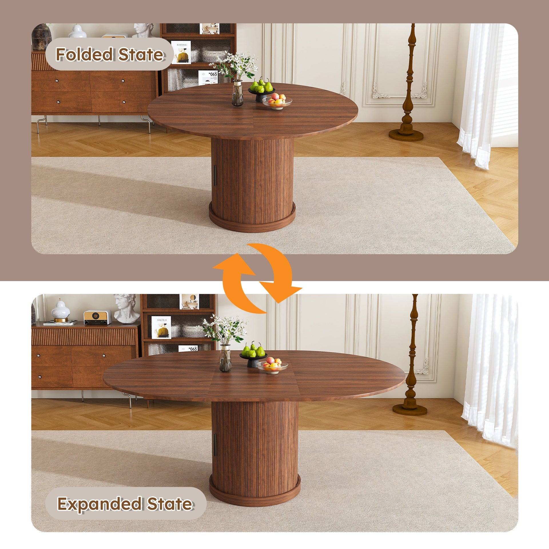 59" Extendable Oval Dining Table with 2-Tier Storage for 4-6, Space Saving Expandable Kitchen Table in Walnut Brown, MDF with Walnut Finish & Pedestal Base