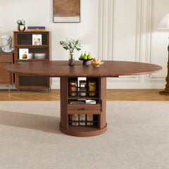 59" Extendable Oval Dining Table with 2-Tier Storage for 4-6, Space Saving Expandable Kitchen Table in Walnut Brown, MDF with Walnut Finish & Pedestal Base