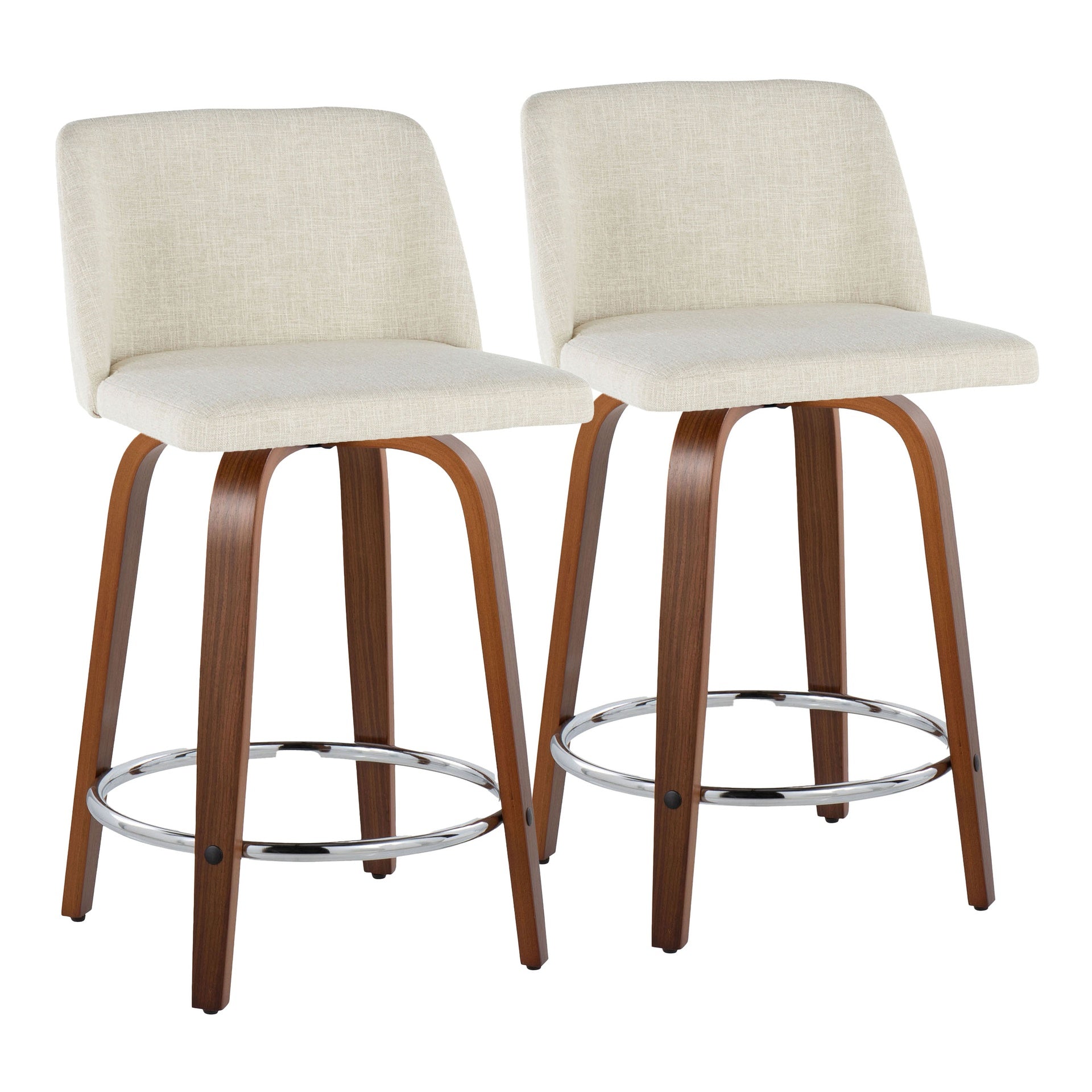 Toriano 24" Mid-Century Modern Fixed-Height Counter Stool with Swivel in Walnut Wood and Cream Fabric with Round Chrome Metal Footrest by LumiSource - Set of 2