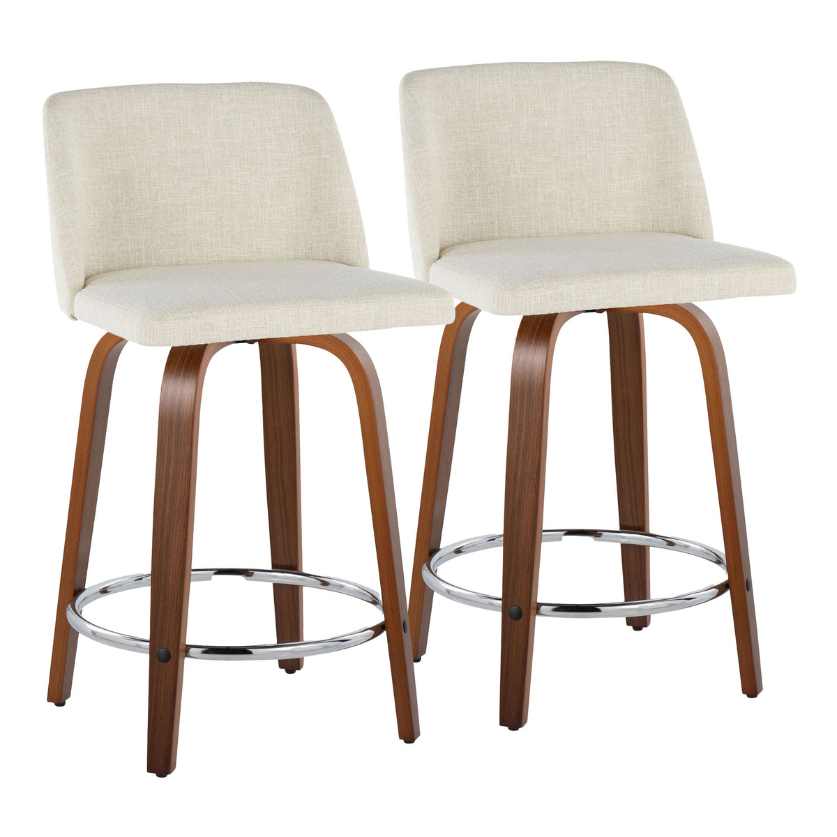 Toriano 24" Mid-Century Modern Fixed-Height Counter Stool with Swivel in Walnut Wood and Cream Fabric with Round Chrome Metal Footrest by LumiSource - Set of 2