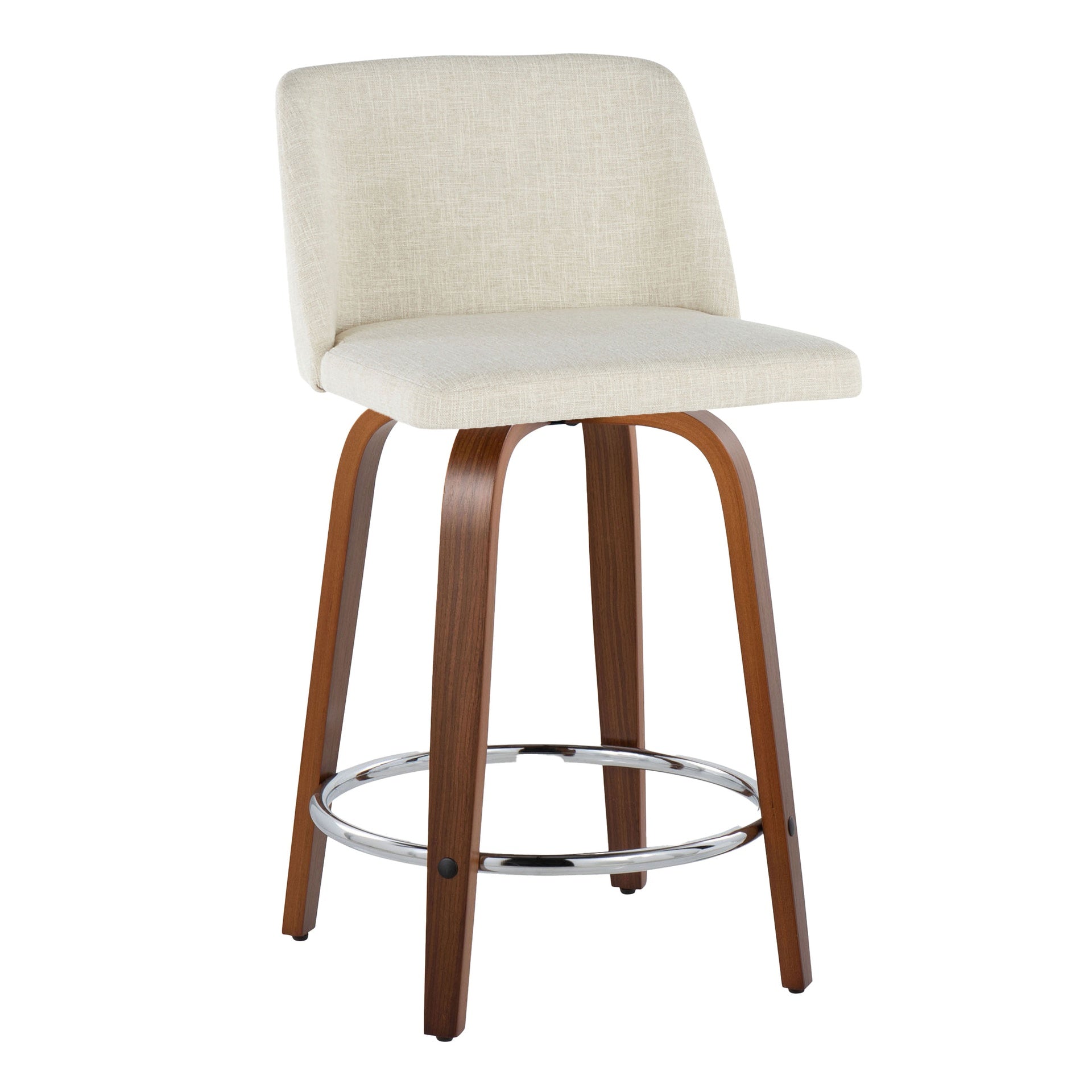 Toriano 24" Mid-Century Modern Fixed-Height Counter Stool with Swivel in Walnut Wood and Cream Fabric with Round Chrome Metal Footrest by LumiSource - Set of 2