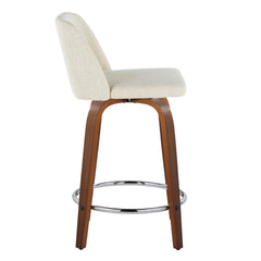 Toriano 24" Mid-Century Modern Fixed-Height Counter Stool with Swivel in Walnut Wood and Cream Fabric with Round Chrome Metal Footrest by LumiSource - Set of 2