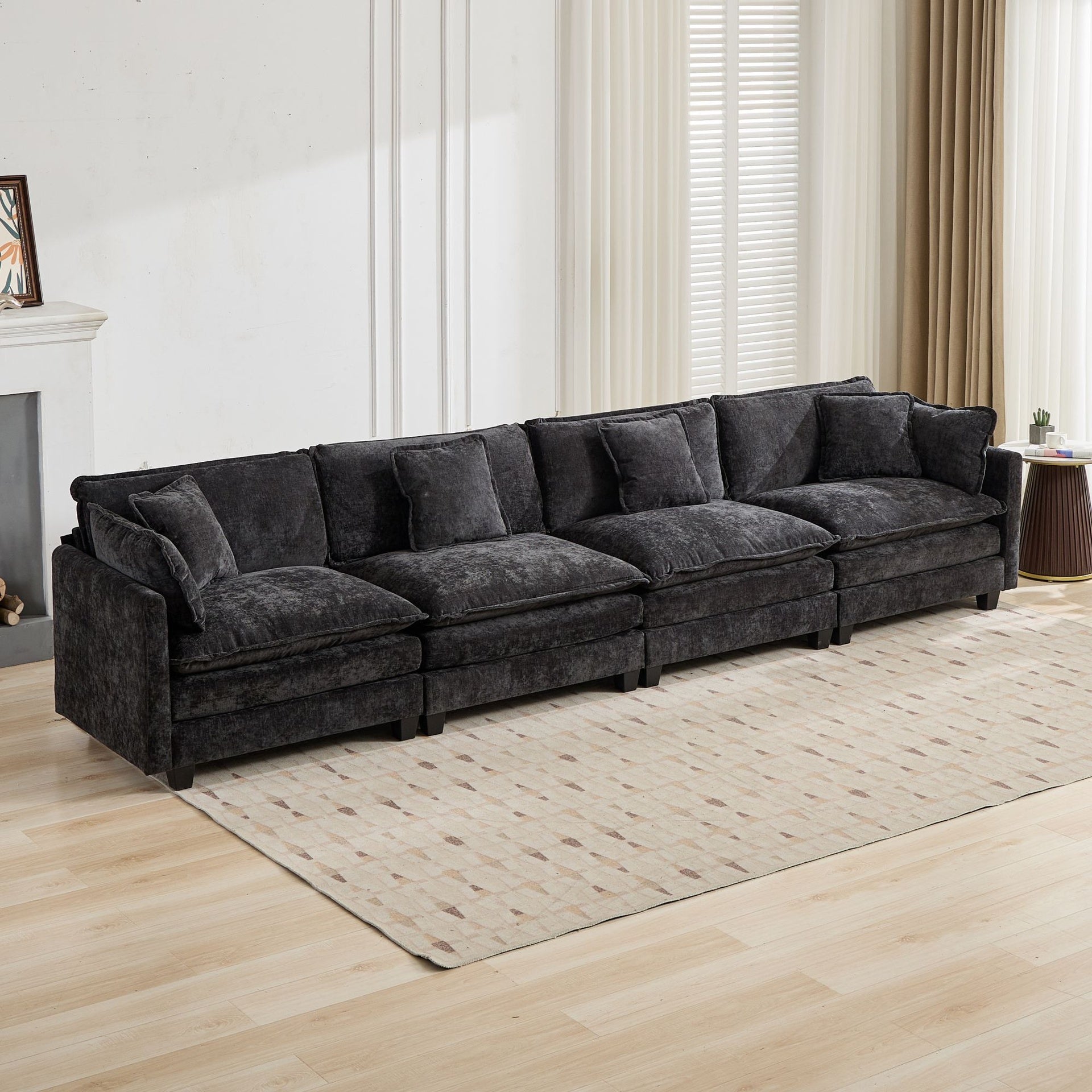 Cloud Sofa 4 Seats (Ottoman is not included), Modern Sectional Couch, for Living Room Bedroom and Apartment, Comfy Double Layer Upholstered Seat Cushion, Breathable Chenille Fabric, Black,SW5014BK