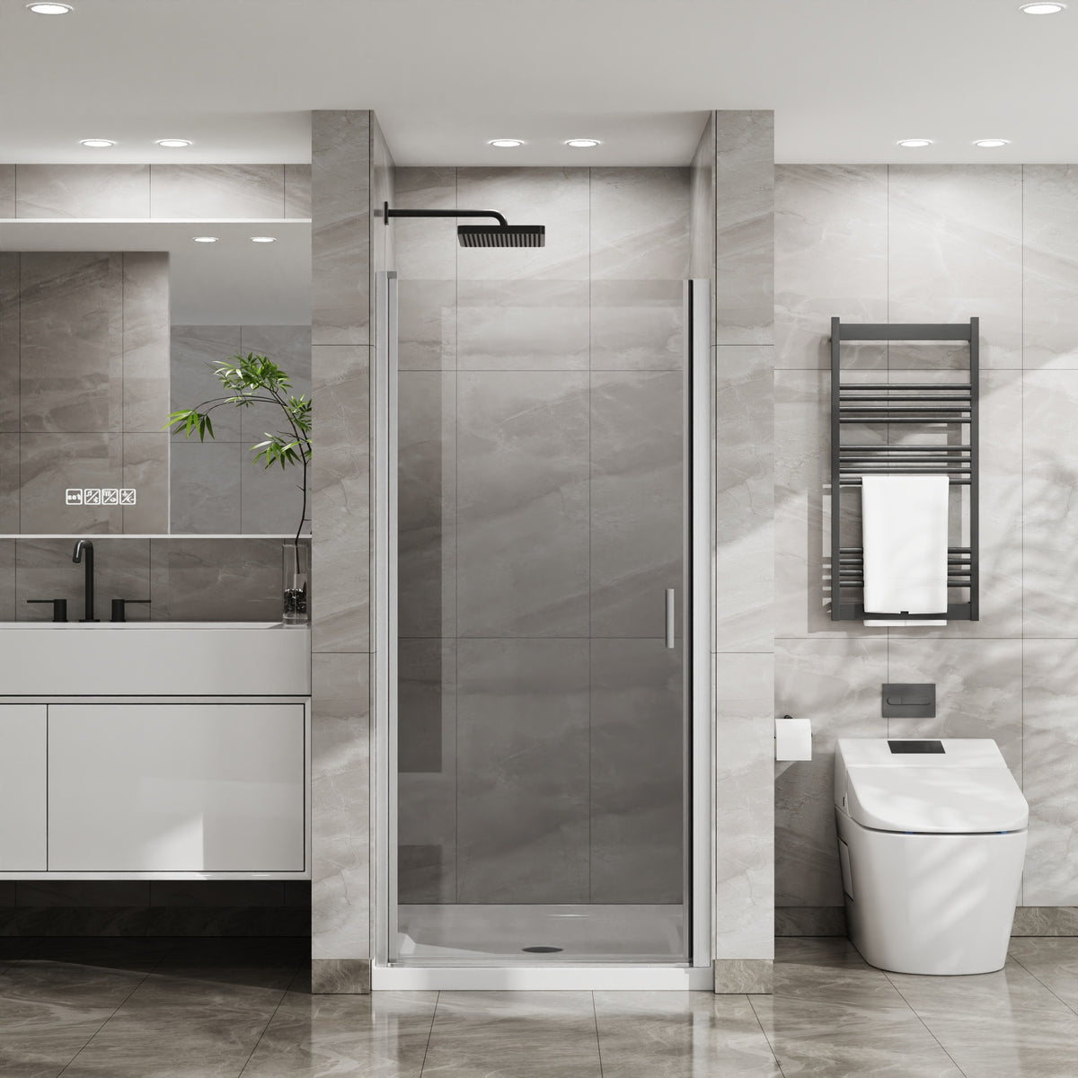 Goodyo 34"x72" Pivot Shower Door, 1/4 inch Thick Tempered Glass Swing Shower Door in Chrome Finish, Semi-Frameless Design
