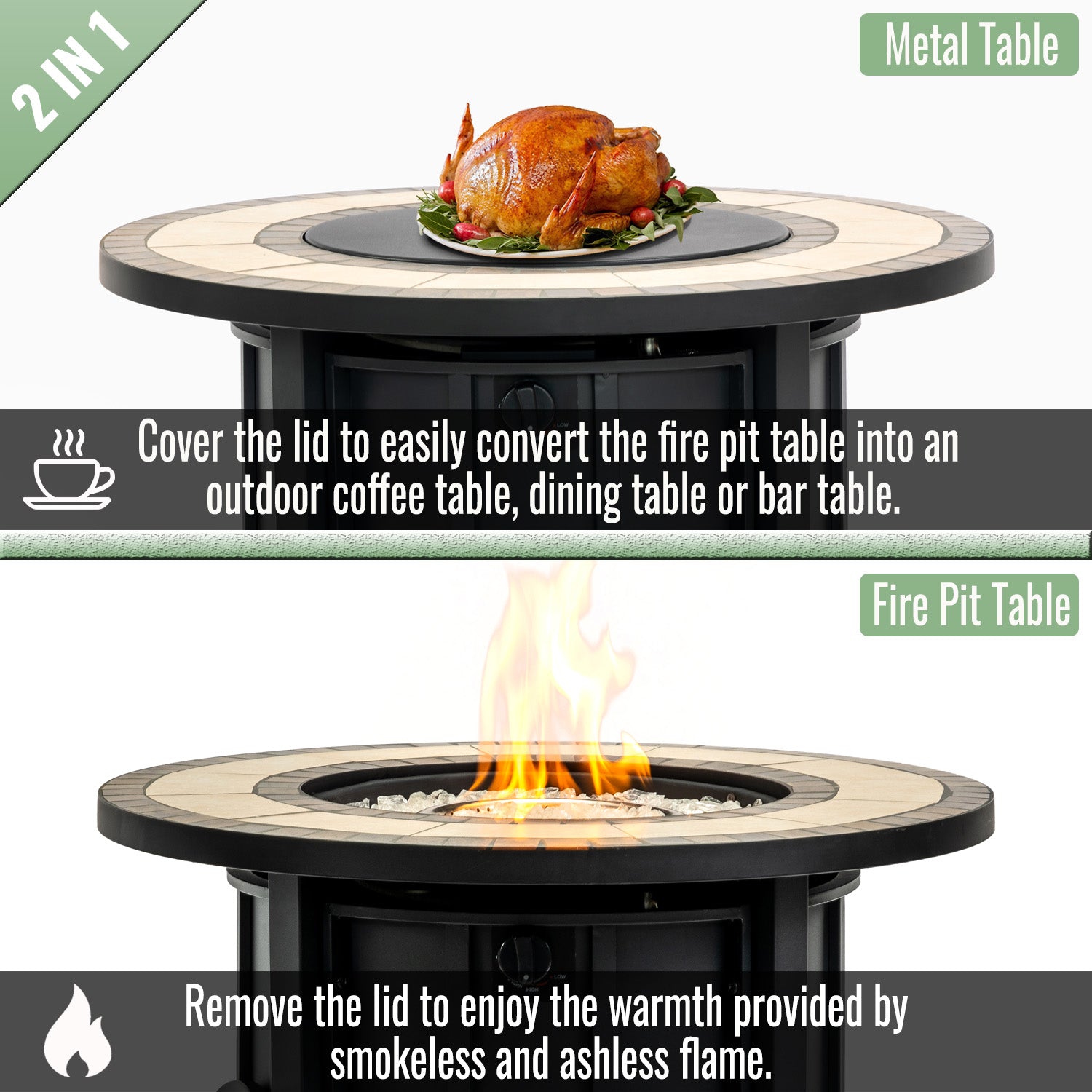 30" Propane Gas Fire Pit Table, 50000 BTU Round Steel Fire Pit with Mosaic Ceramic Tabletop for Outside Patio Deck Garden Backyard- Black