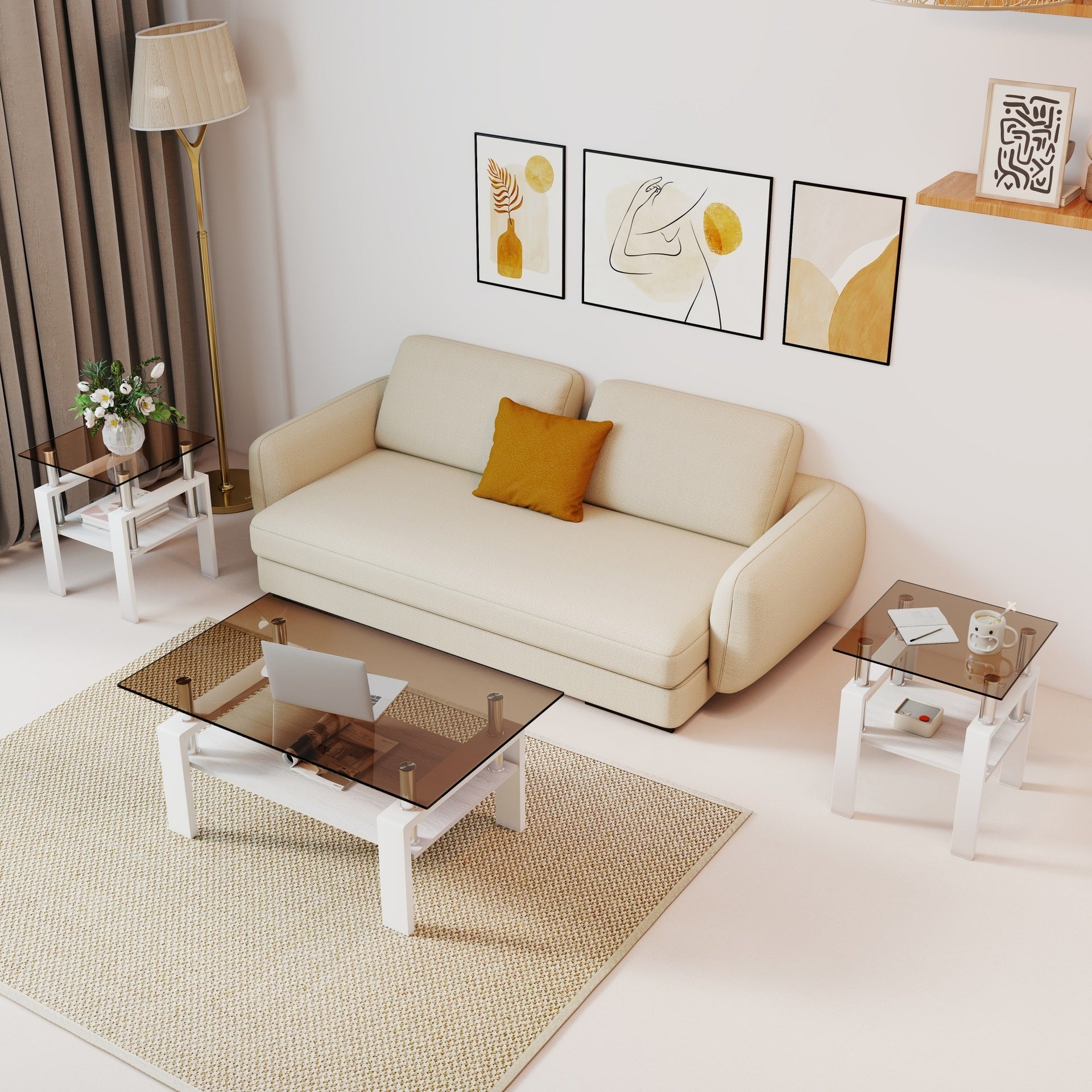 Set of 2 Modern Tempered Glass Tea Table ,Tempered Glass Tabletop with MDF Layer,Coffee Table,End Table, Square Table for Living Room, Brown/white