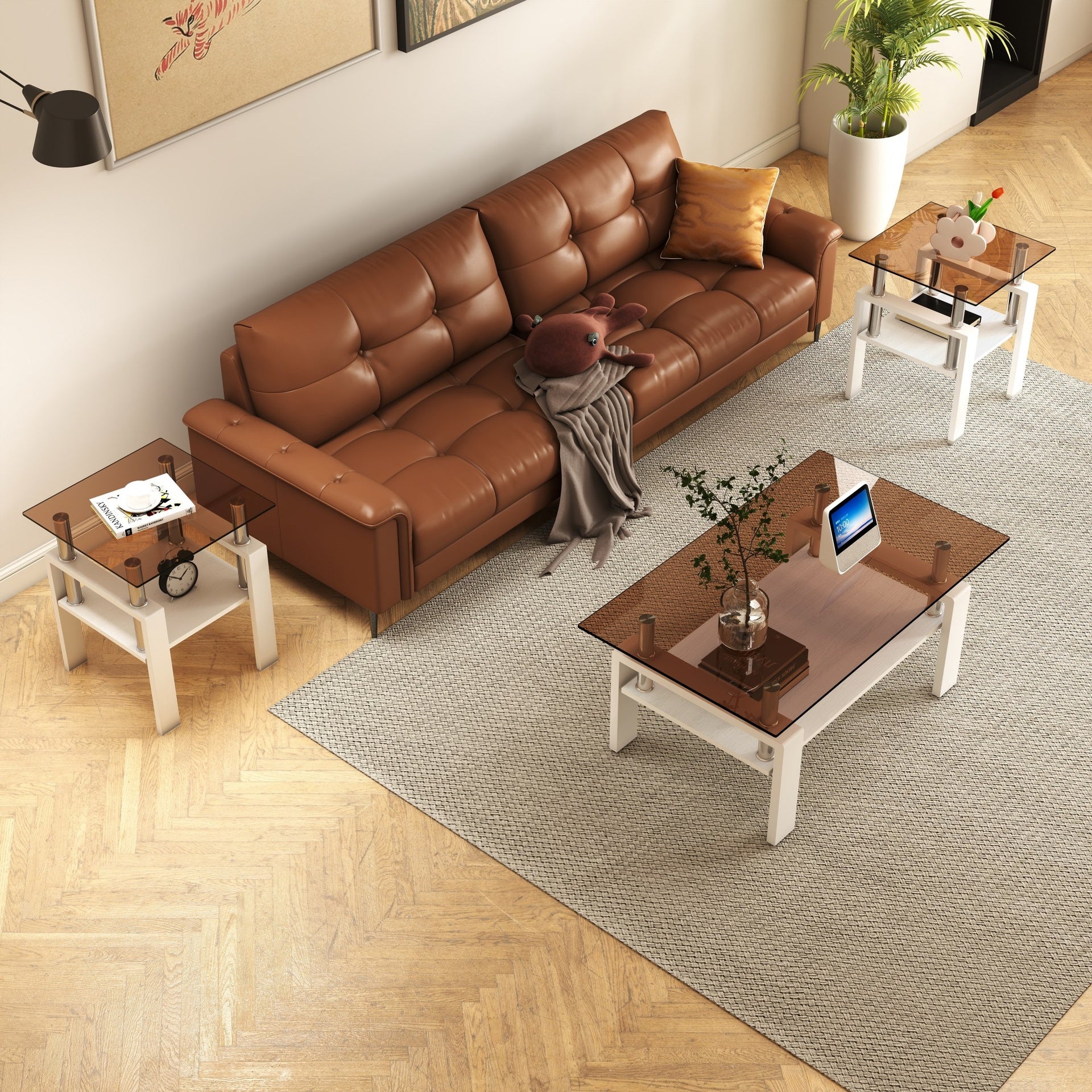 Set of 2 Modern Tempered Glass Tea Table ,Tempered Glass Tabletop with MDF Layer,Coffee Table,End Table, Square Table for Living Room, Brown/white